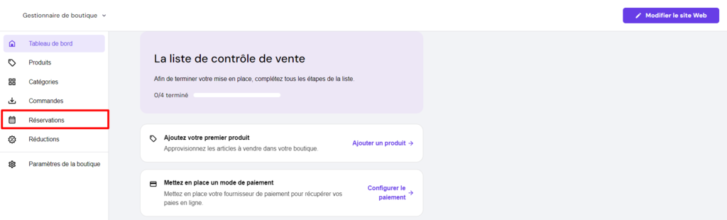 L'interface du gestionnaire de boutique du Cr&eacute;ateur de site Web Hostinger avec le bouton " R&eacute;servations " surlign&eacute; en rouge