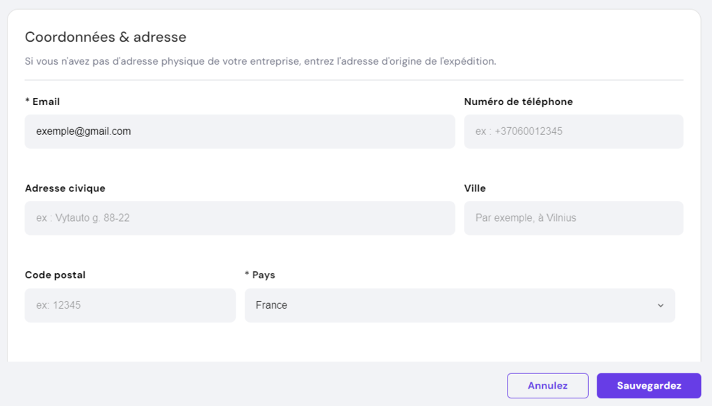 La section Coordonn&eacute;es et adresse dans le gestionnaire de boutique d'Hostinger