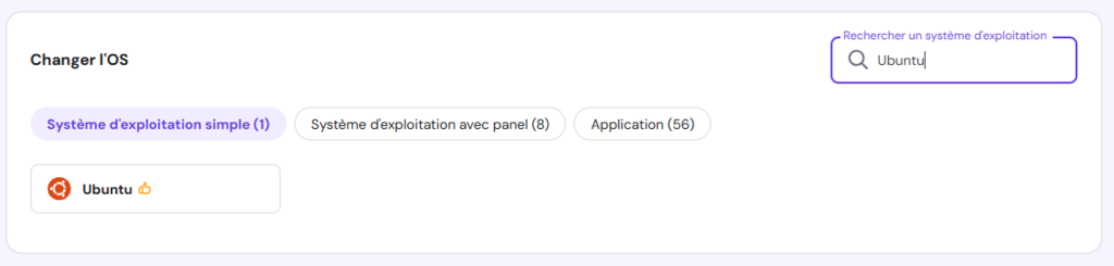 Le menu de sélection du système d'exploitation VPS dans hPanel