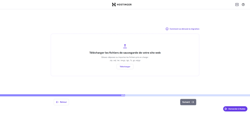Étape de migration Hostinger où l’on importe le fichier de sauvegarde
