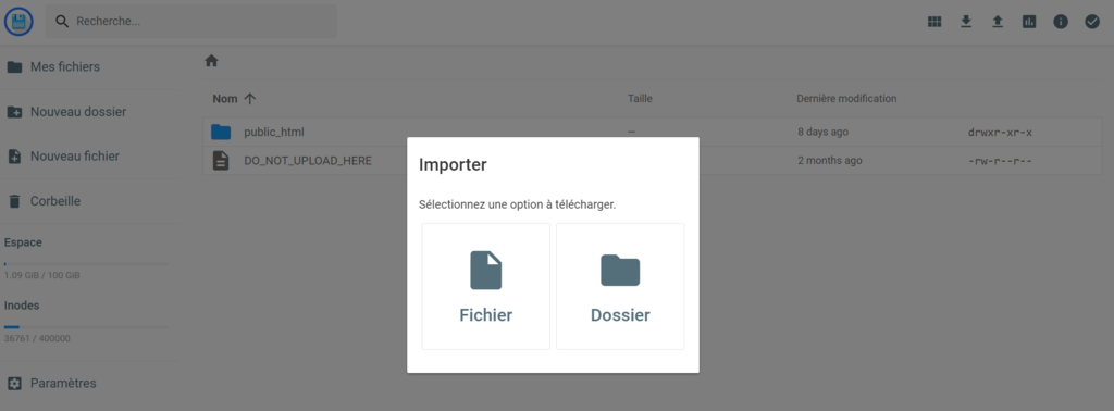 Le menu d'importation dans le gestionnaire de fichiers de hPanel