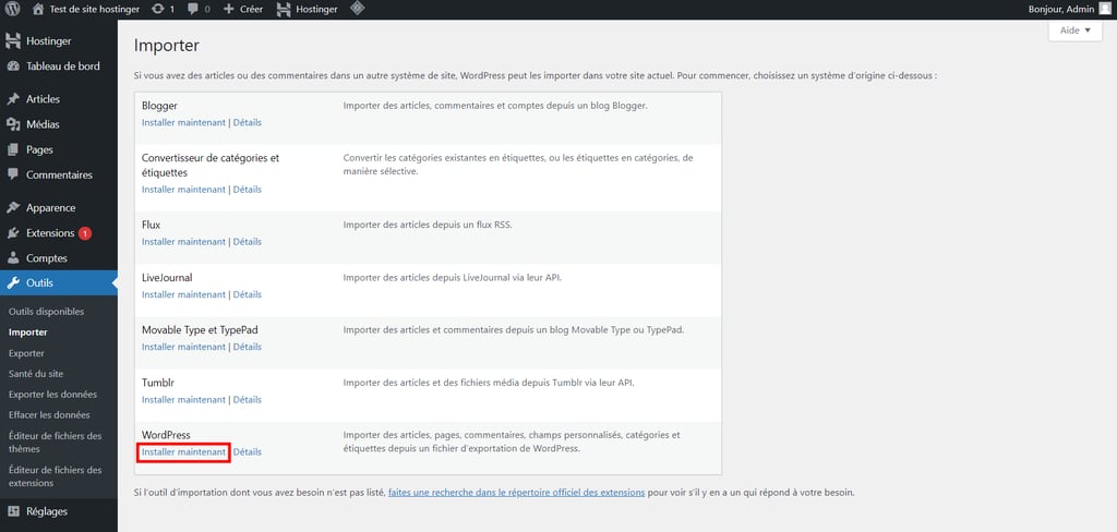 passer-de-wordpress-com-a-wordpress-org
La section Importer dans le panneau admin de WordPress avec l'option d'installation de l'importateur WordPress surlignée en rouge.