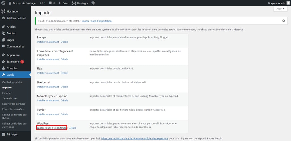 passer-de-wordpress-com-a-wordpress-org La section Importer dans le panneau admin de WordPress avec l'option de lancer l'outil d'importation WordPress surlignée en rouge.