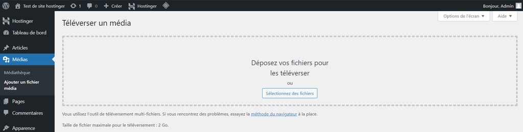passer-de-wordpress-com-a-wordpress-org La section Télécharger de nouveaux médias dans le panneau admin de WordPress