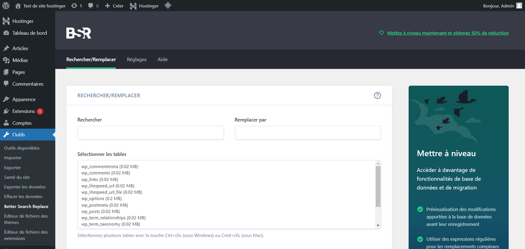 passer-de-wordpress-com-a-wordpress-org L'interface de l'extension Better Search Replace dans le tableau de bord de WordPress