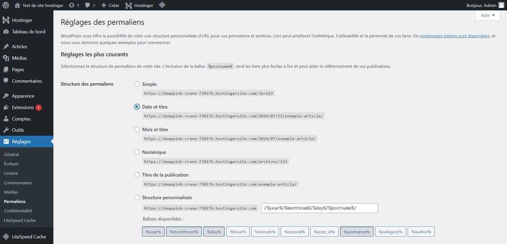 passer-de-wordpress-com-a-wordpress-org L'option Date et titre est surlignée en rouge dans le panneau admin de WordPress.org.