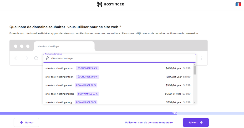 passer-de-wordpress-com-a-wordpress-org Le processus de mise en place dans le hPanel de Hostinger montrant les options pour connecter un nom de domaine.