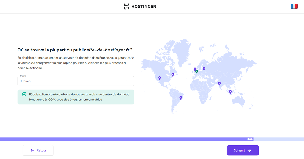 passer-de-wordpress-com-a-wordpress-org Le processus de mise en place dans le hPanel d'Hostinger montrant l'emplacement des data centers