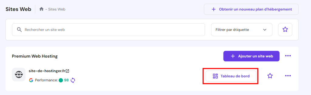 passer-de-wordpress-com-a-wordpress-org La section Sites web dans hPanel avec le bouton Tableau de bord surligné en rouge