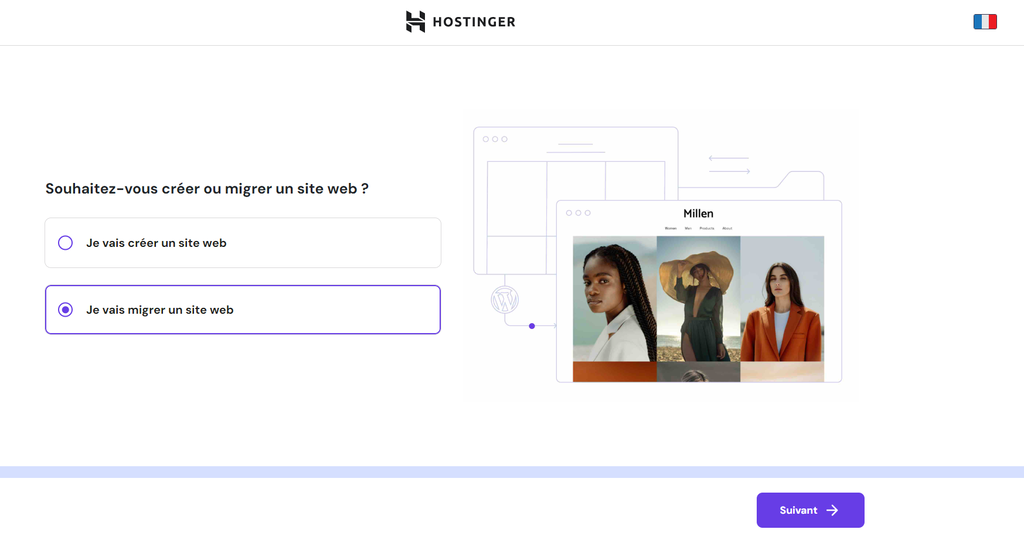 passer-de-wordpress-com-a-wordpress-org Le processus de mise en place dans le hPanel de Hostinger montrant les options de création ou de migration d'un site web.