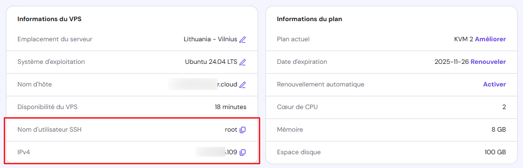 Informations sur l'accès SSH du VPS sur hPanel