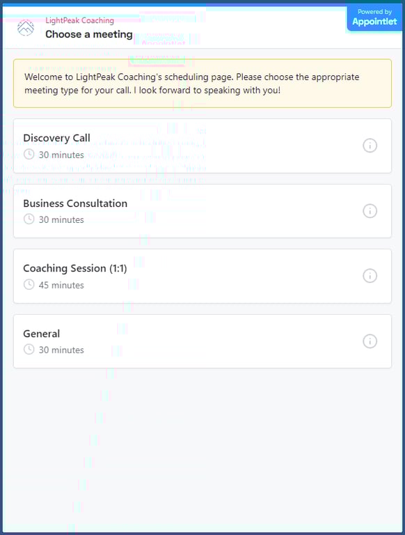 Fonctionnalité de prise de rendez-vous du site web de LightPeak Coaching
