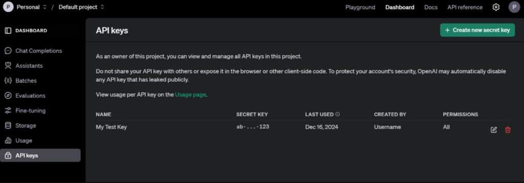 Page de génération de la clé API OpenAI