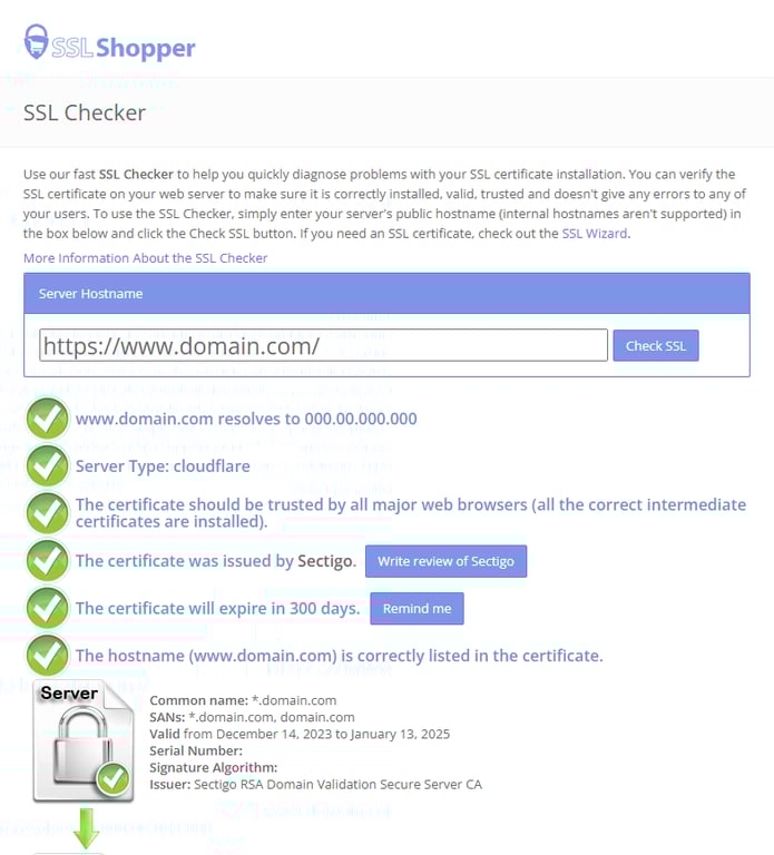 Rapport de vérification SSL par SSL Shopper