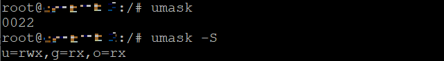 Le terminal affiche la valeur actuelle de umask en notation symbolique et octale.