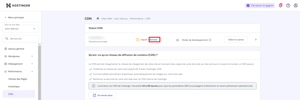 Le sous-menu CDN dans hPanel
