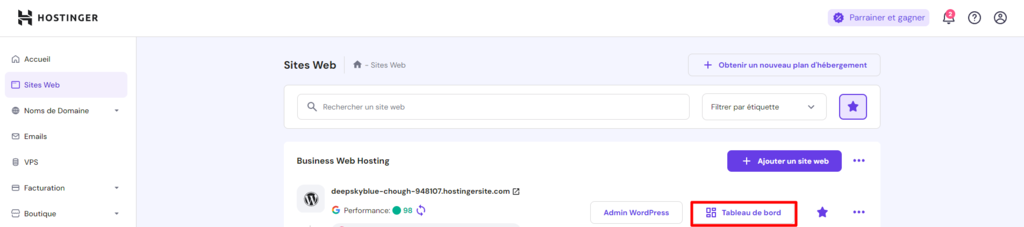 Le menu Sites web de hPanel avec le bouton Tableau de bord en surbrillance