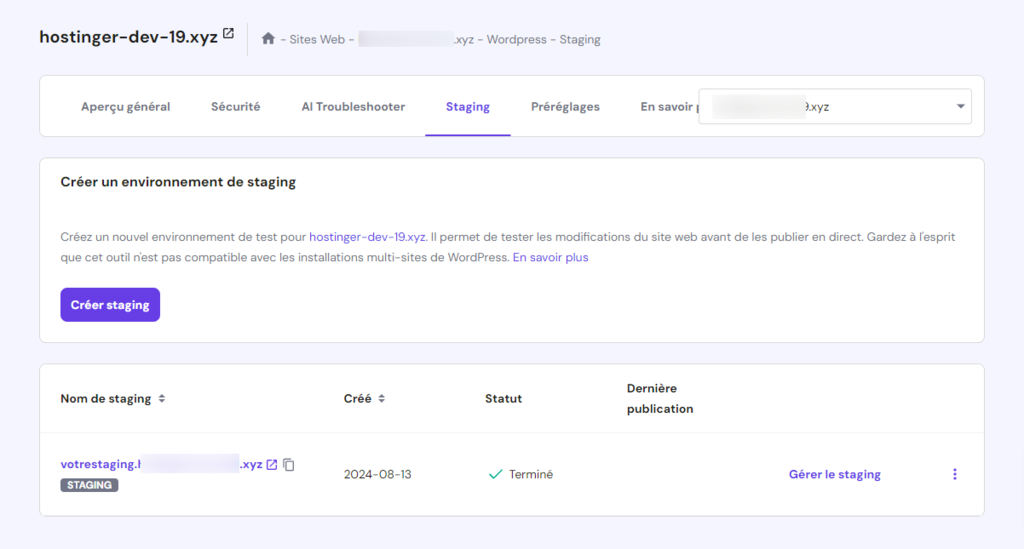 L'outil WordPress Staging dans hPanel