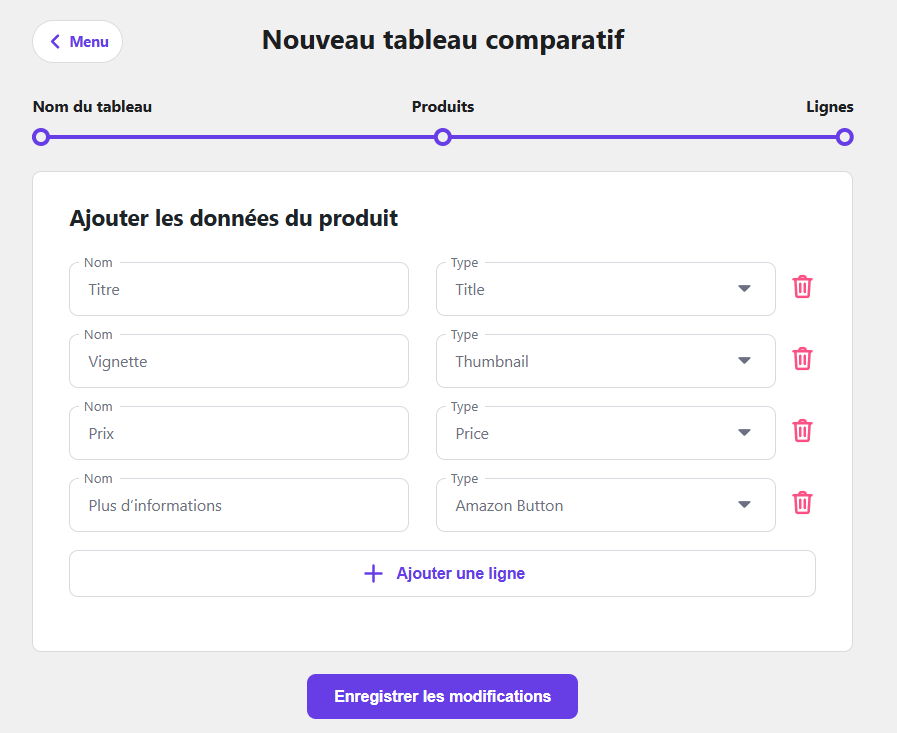 La configuration des données produit lors de la création d'un tableau de comparaison à l'aide de l'extension Hostinger Amazon Affiliate Connector.