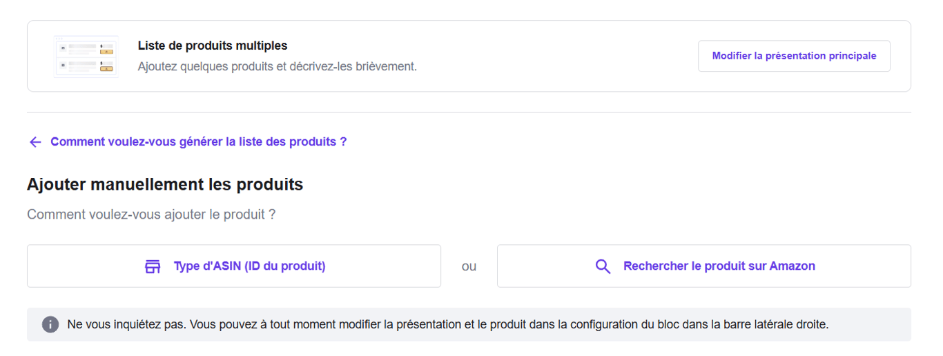 L'option de saisie manuelle des produits pour l'affichage de listes de produits multiples sur l'extension Hostinger Amazon Affiliate Connector.