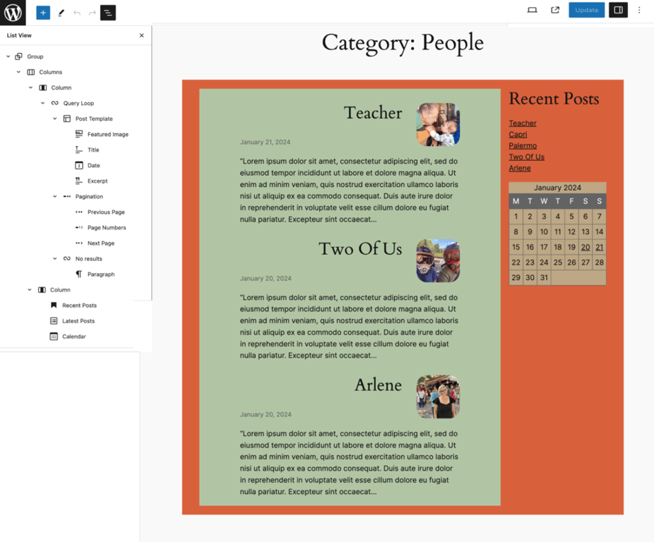 Exemple d'utilisation de la composition d'archives personnalisée pour la page de la catégorie "People"