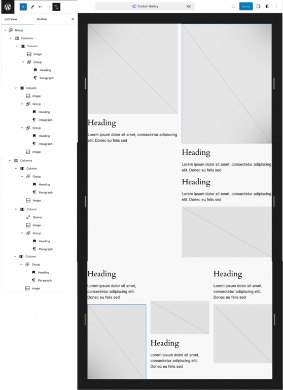 Une composition de galerie personnalisée, montrant les espaces réservés aux images utilisés pour indiquer les espaces 
