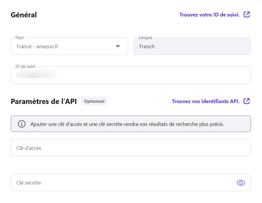 Les champs de données de « Connectez votre compte Amazon “ sur l'extension ” Amazon Affiliate Connector » de Hostinger.