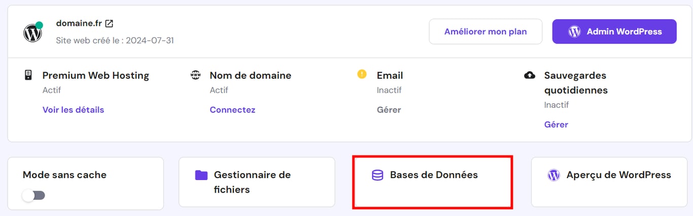 Le menu de la base de données sur le tableau de bord hPanel.