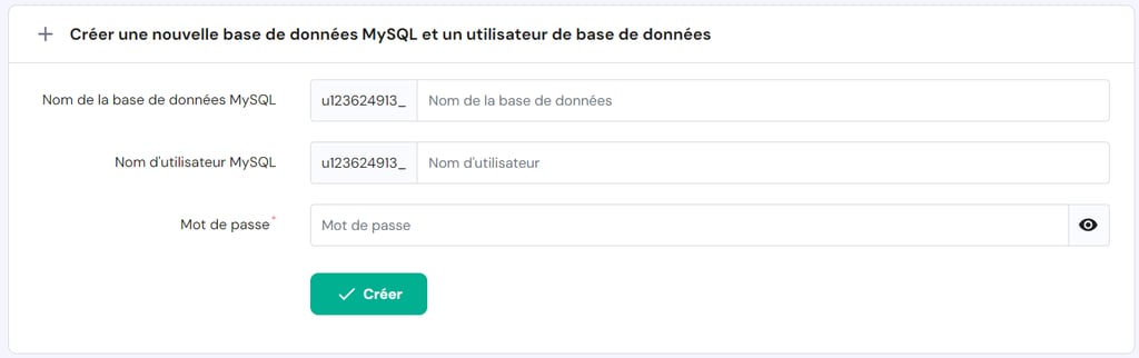restaurer-WordPress-a-partir-dune-sauvegarde La page de création d'une nouvelle base de données sur hPanel.