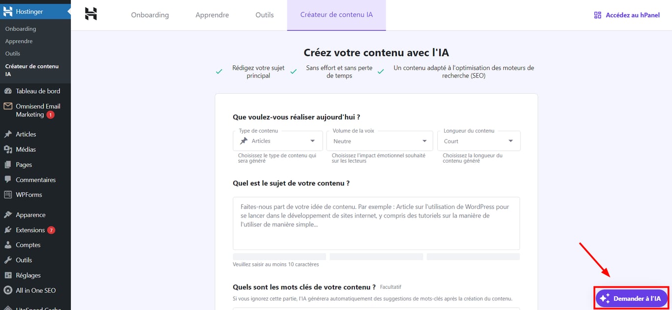 Le bouton du chatbot Demander à l'IA est mis en évidence dans le tableau de bord de WordPress.