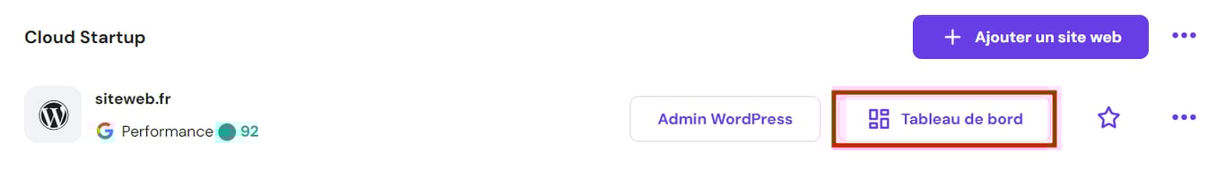 Le bouton Tableau de bord mis en évidence sur hPanel