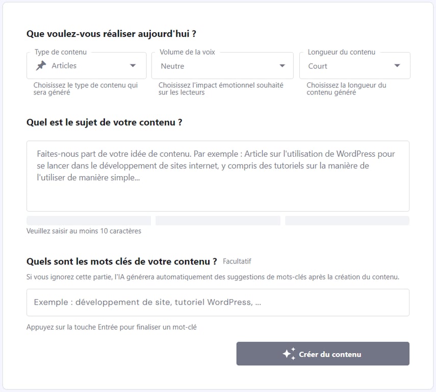 L'interface du Créateur de contenu IA de Hostinger avec un exemple d'invite.