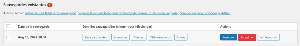 restaurer-WordPress-a-partir-dune-sauvegarde Le bouton de restauration dans le menu Sauvegarde existante sur UpdraftPlus.