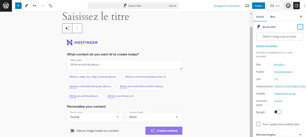 Le bloc Créateur de contenu IA de Hostinger sur l'interface de l'éditeur d'articles de WordPress.