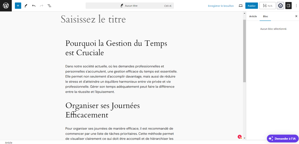La version provisoire du contenu résulte de l'outil Créateur de contenu IA d'Outils Hostinger sur l'interface de l'éditeur d'articles de WordPress.