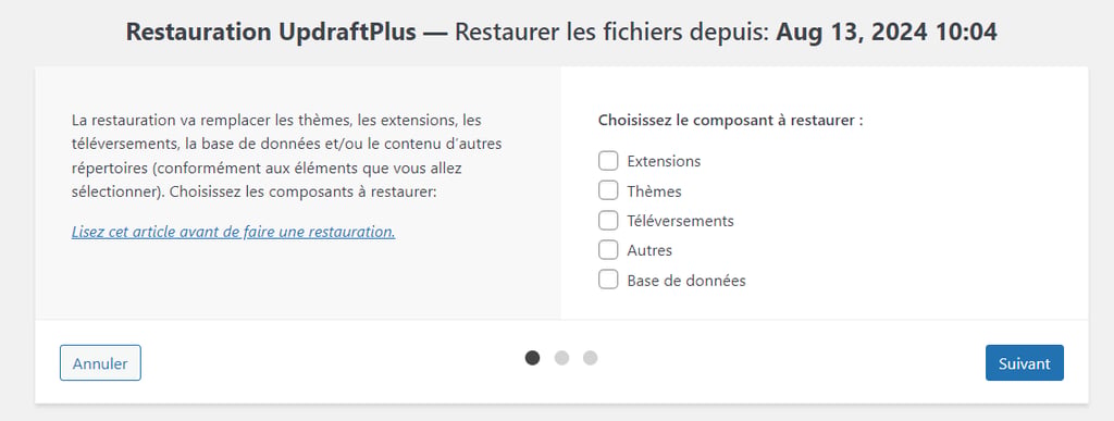 restaurer-WordPress-a-partir-dune-sauvegarde La page de restauration d'UpdraftPlus, demandant de choisir le composant site web à restaurer.