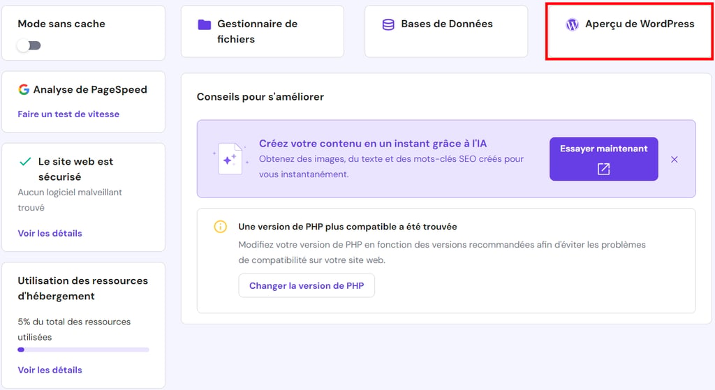 Le bouton Aper&ccedil;u de WordPress mis en &eacute;vidence sur le tableau de bord hPanel de Hostinger