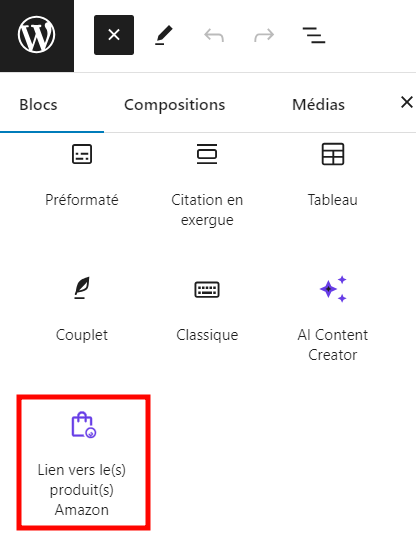 Le bloc Lien vers le(s) produit(s) Amazon mis en évidence