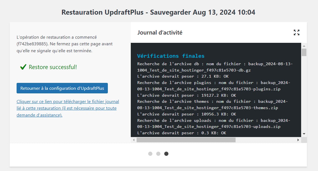 restaurer-WordPress-a-partir-dune-sauvegarde La page Restore Successful de l'extension UpdraftPlus.