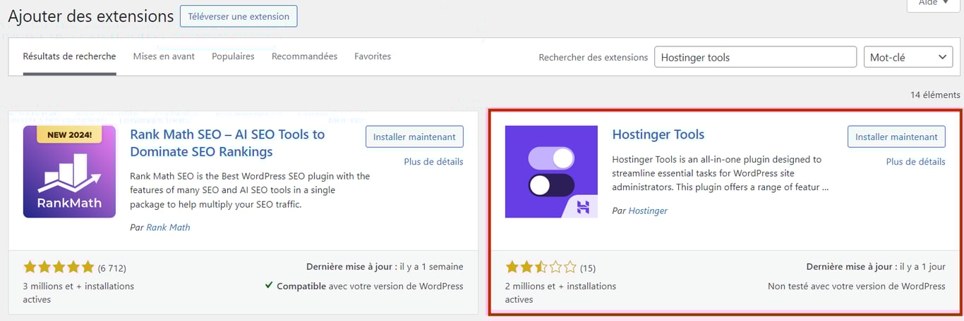 L'extension outils Hostinger pour WordPress est mise en évidence sur la page officielle de WordPress.