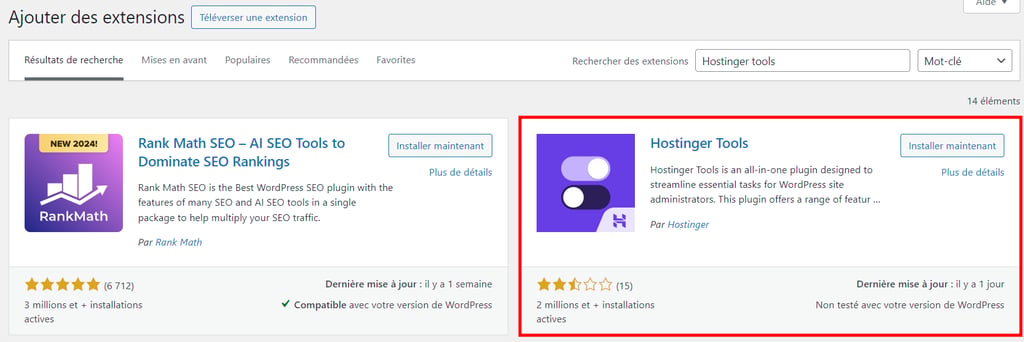 L'extension outils Hostinger pour WordPress est mise en &eacute;vidence sur la page officielle de WordPress.