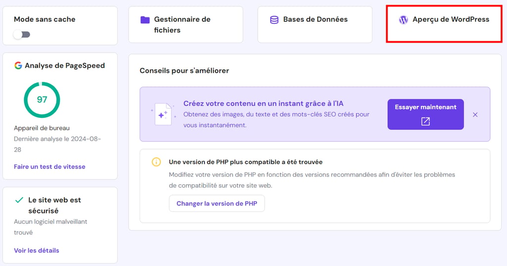 Le bouton d'aper&ccedil;u de WordPress dans le tableau de bord hPanel est mis en &eacute;vidence