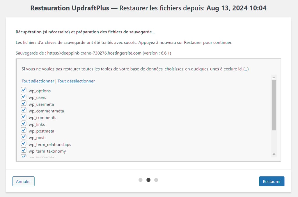 restaurer-WordPress-a-partir-dune-sauvegarde La page UpdraftPlus, indiquant les tables de la base de données à restaurer.