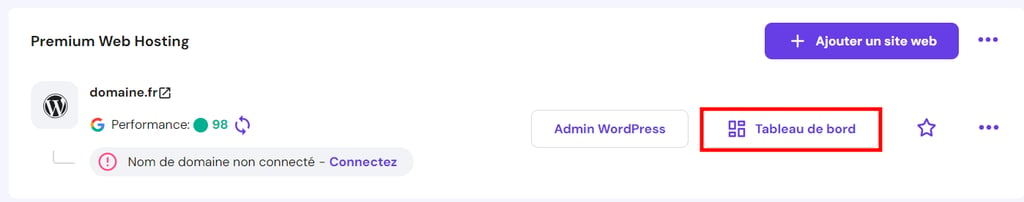 restaurer-WordPress-a-partir-dune-sauvegarde Le bouton du tableau de bord est mis en évidence dans l'onglet Sites web de hPanel.