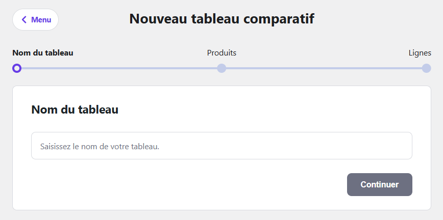 Le menu Créer un nouveau tableau permet de créer un nouveau tableau de comparaison à l'aide de l'extension Hostinger Amazon Affiliate Connector.