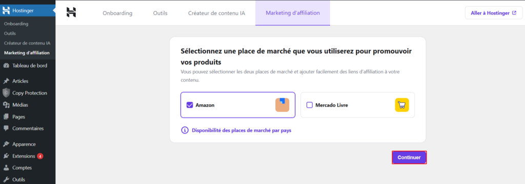 Onglet Marketing d'affiliation du plugin Hostinger sur WordPress