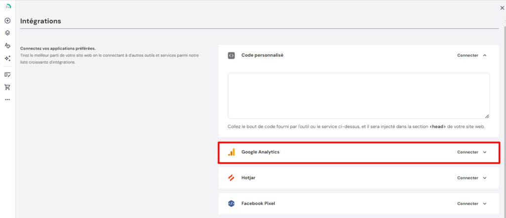Page des intégrations du créateur de site Hostinger mettant en avant Google Analytics