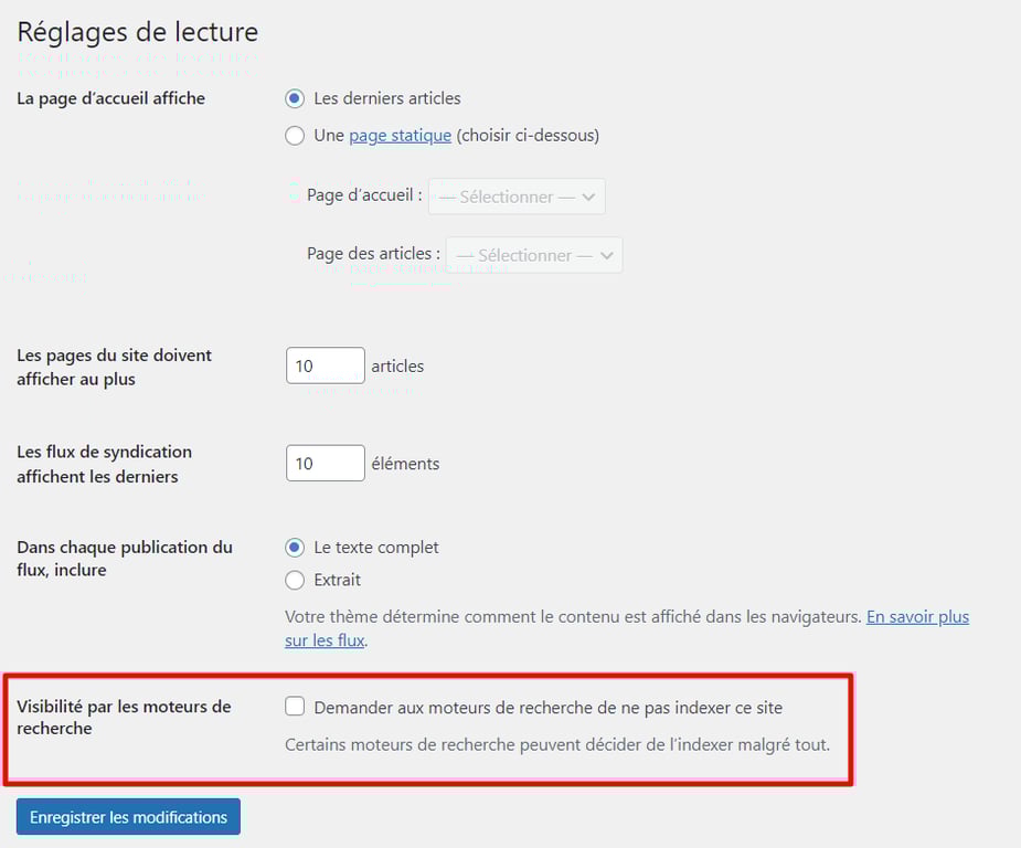 contenus indexabilité Les réglages de lecture dans le tableau de bord de WordPress