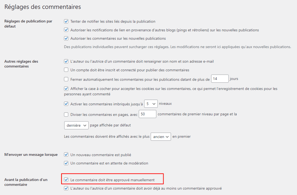 R&eacute;glages des commentaires WordPress