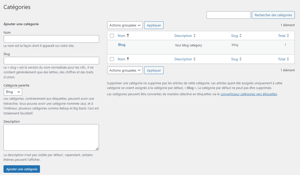 La section Cat&eacute;gories du tableau de bord de WordPress